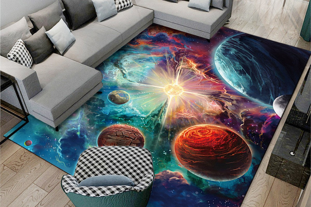 Space Kids Rug For Playroom Solar System Educational Rug Kids Floor Mat-Style 2 Green Cosmic Planet