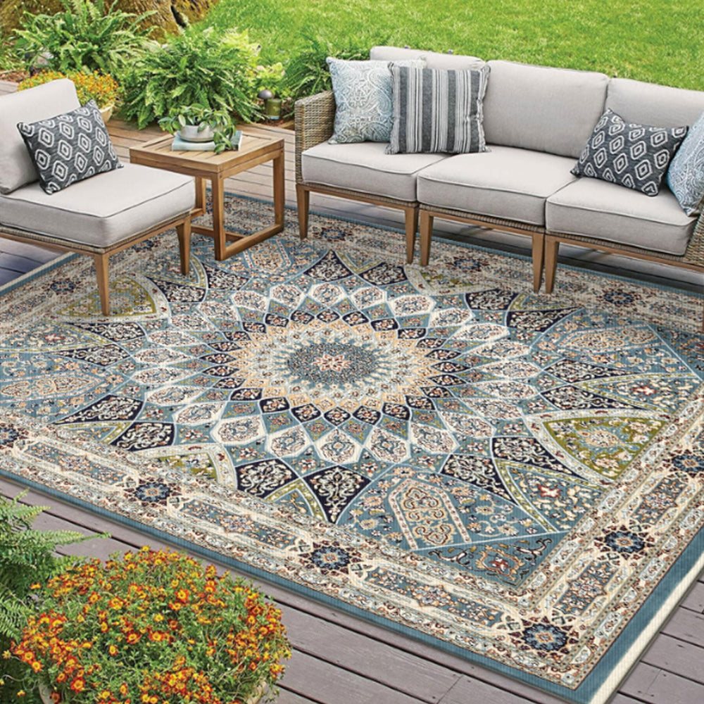 Rectangle Retro Area Rug Printed Floor Mat Non-Slip Blue