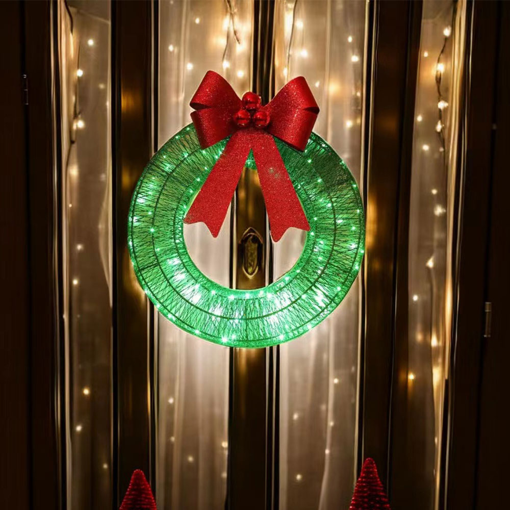 Outdoor Christmas Wreath LED Metal Holiday Garland for Home Exterior Decor-Green