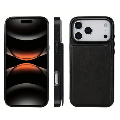 Leather Wallet Case for iPhone 17 Series Double Magnetic Flip Closure Full Body Drop Protection-Black