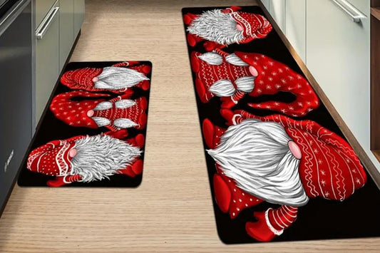 2Pcs Set Christmas Gnome Kitchen Rugs and Mats Non Slip Christmas Faceless Gnome Floor Mat for Bedroom Bathroom