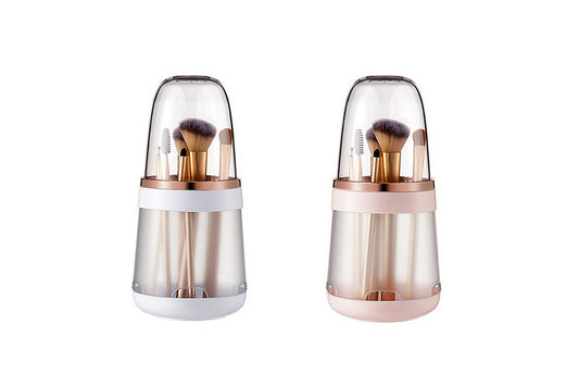 2Pcs 2-in-1 Dust Proof Makeup Brush Storage Bucket Container For Vanity Desktop Bathroom-White And Pink