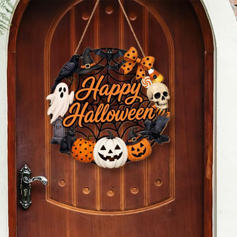2 Pack Engineered Wood Halloween Ghost Pumpkin Hanging Door Signs - Happy Halloween