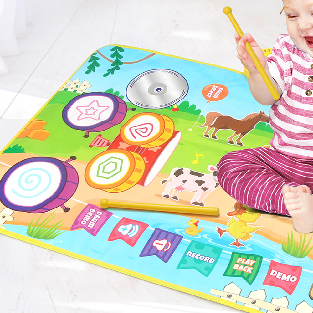 2-in-1 Piano Drum Mat Music Touch Music Mat Toys with 6 Instrument Sounds for Kids Green