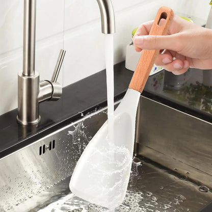 2Pcs Silicone Spoons for Cooking Wood Handle Spoon for Mixing Scoop and Scrape