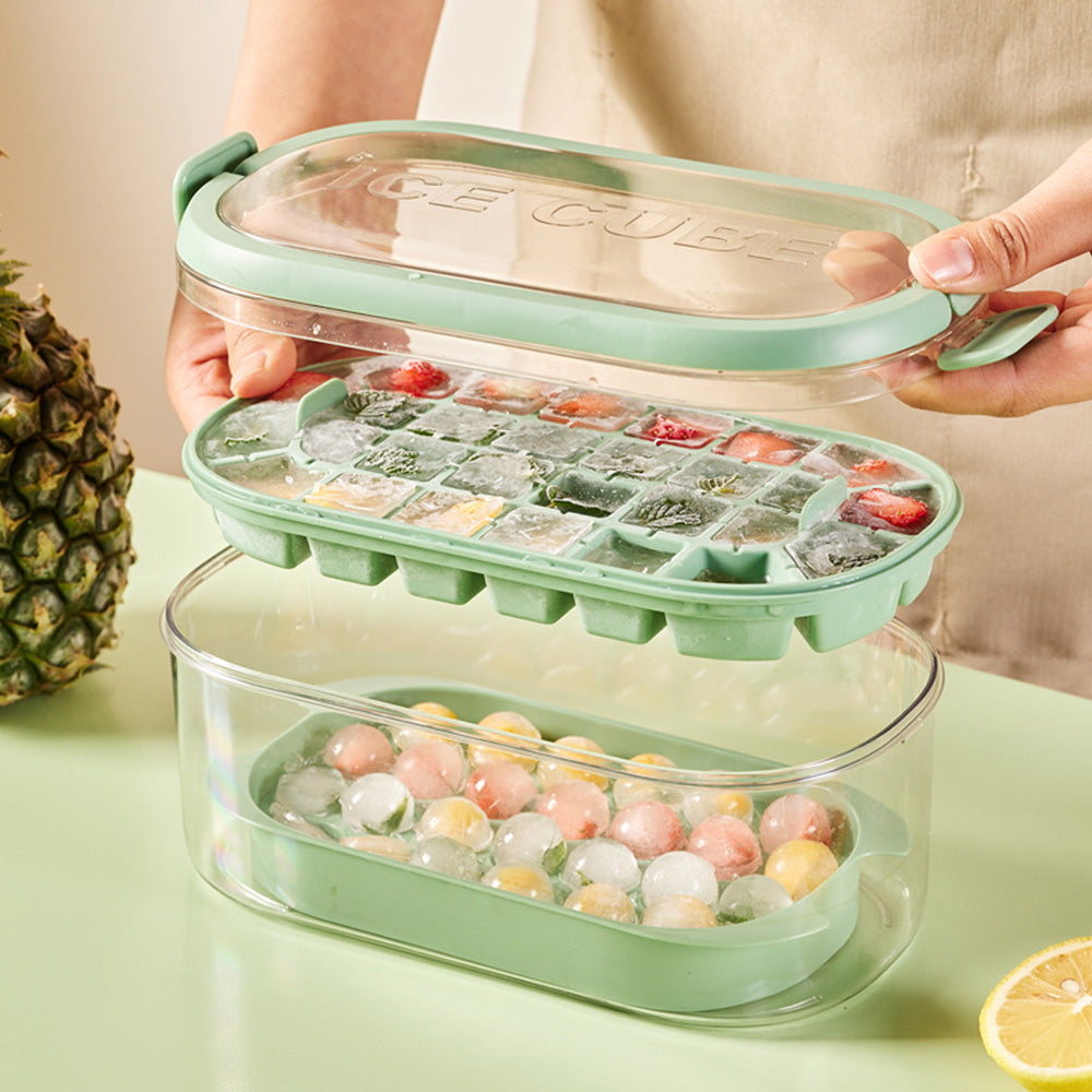 2-Tier Ice Cube Tray Mold with Press-Release Lid & Storage Box for Kitchen Fresh Green