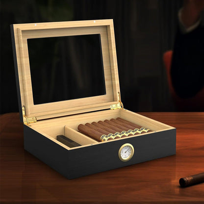 For 10 Cigars Cigar Humidor Desktop Box with Humidifier and Hygrometer Black