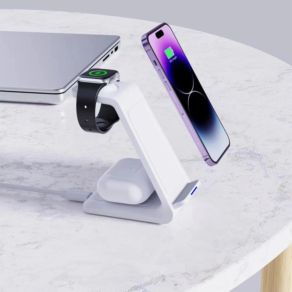 3-in-1 Wireless Charger Dock For Apple Watch Apple AirPod iPhone Charging Station White