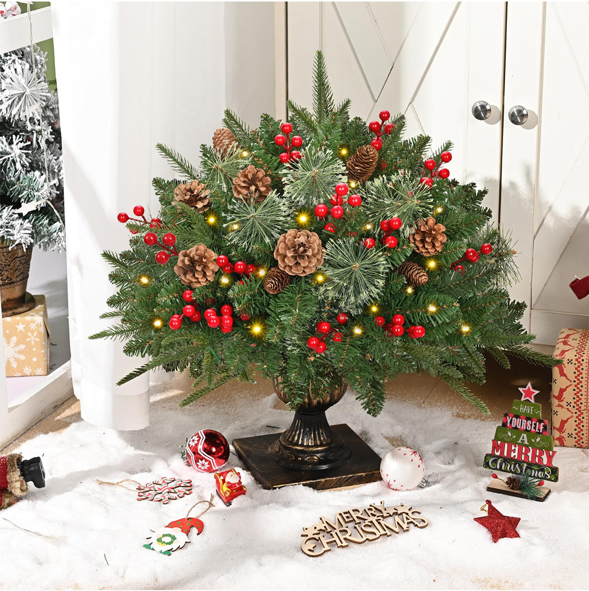 Battery Lit Artificial Pine Christmas Planter Stake for Outdoor Decor