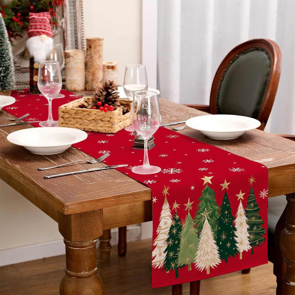 Christmas Table Runner with Xmas Trees Festive Tablecloth Cover for Kitchen Dinner Party Red