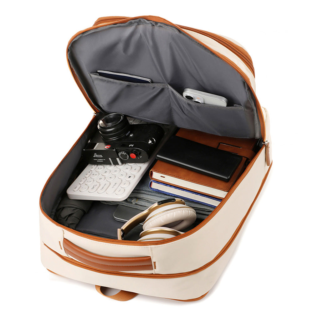 26L Expandable Commuter Backpack Water Resistant Laptop Bag with USB Charging Port Beige