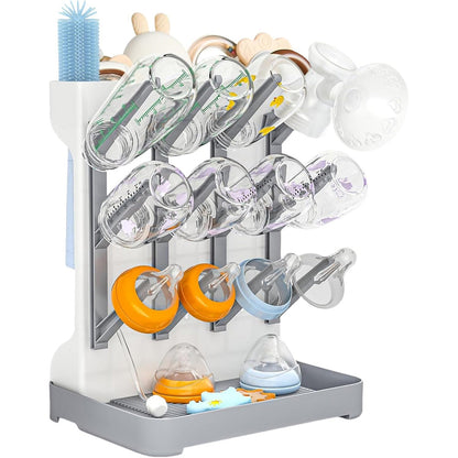 Detachable Bottle Drying Rack for 12 Bottles Space Saving Countertop Vertical Rack with Brushes Holder Grey