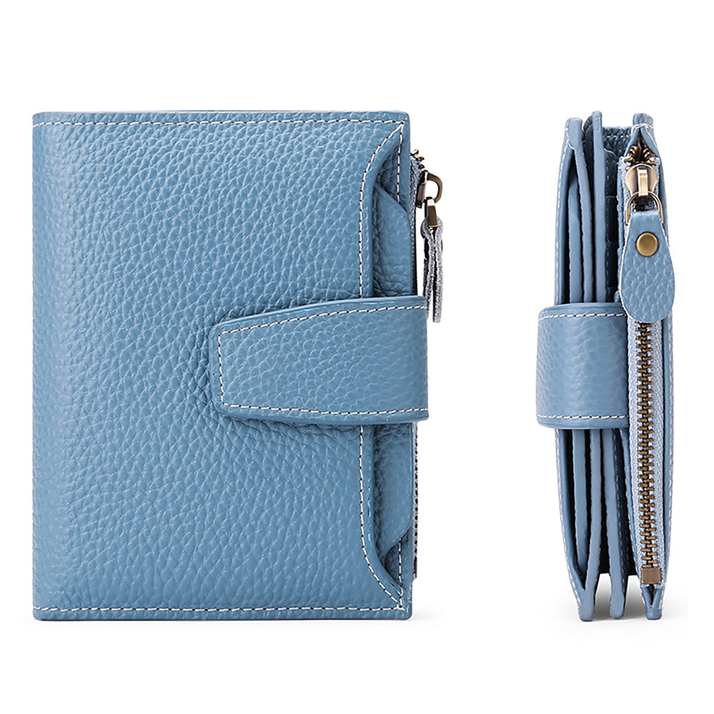 Genuine Leather Women's Wallet Short RFID Blocking Purse with Zipper Light blue