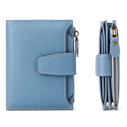 Genuine Leather Women's Wallet Short RFID Blocking Purse with Zipper Light blue