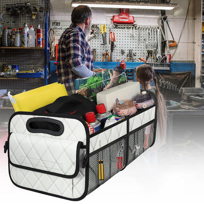 55L Foldable Car Trunk Organzier 6-Pocket Storage Box for Home Car Office White