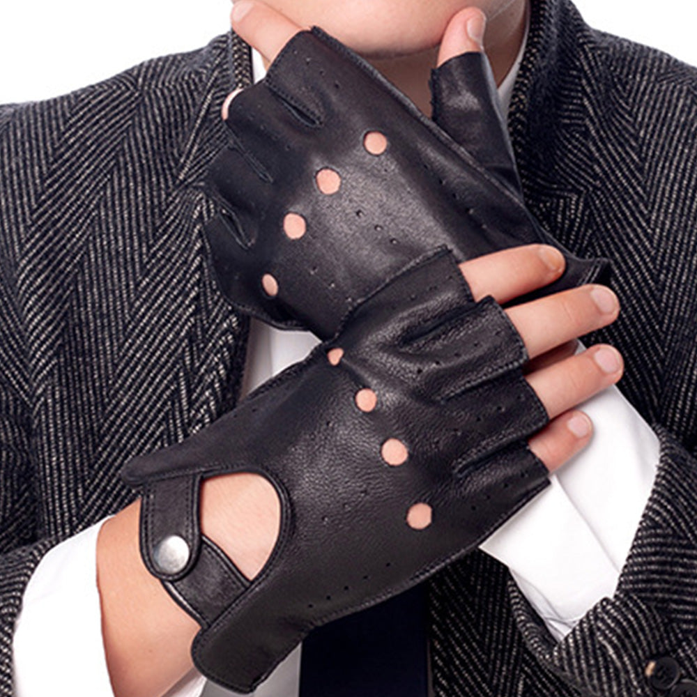 Mens Fingerless Leather Driving Gloves for Motorcycle Riding - Brown