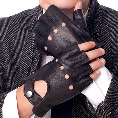 Mens Fingerless Leather Driving Gloves for Motorcycle Riding - Brown