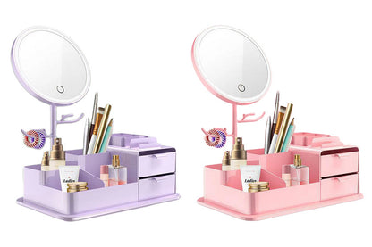 2Pcs Portable Makeup Storage Box With LED Light Up Mirror Storage Makeup Brushes-Purple And Pink