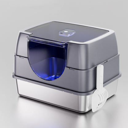 Fully Enclosed Flip Top Stainless Steel Cat Litter Box Large Space and Odor Control