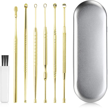 6Pcs Stainless Steel Ear Cleansing Tool Set Ear Cleaner Ear Care Set with Storage Case -Gold