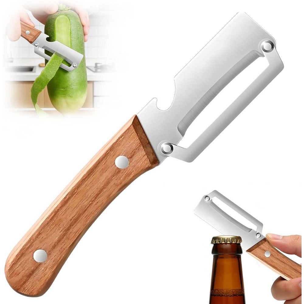 2-in-1 Vegetable Peeler with Wooden Handle Bottle Opener Stainless Steel Blade