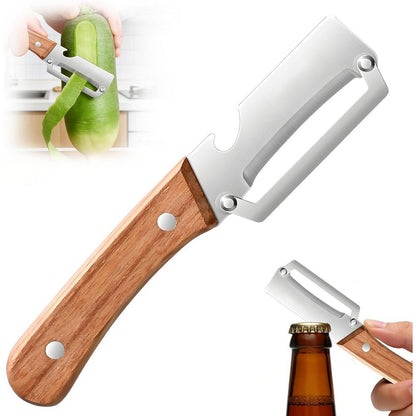 2-in-1 Vegetable Peeler with Wooden Handle Bottle Opener Stainless Steel Blade