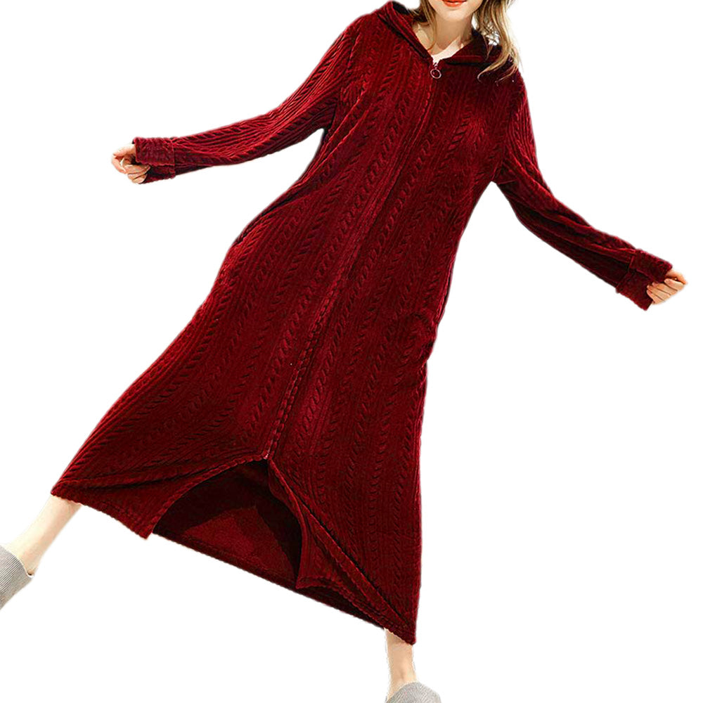 Unisex Bathrobe Fleece Robes Winter Warm Nightgown Sleepwear Pyjamas-Wine Red