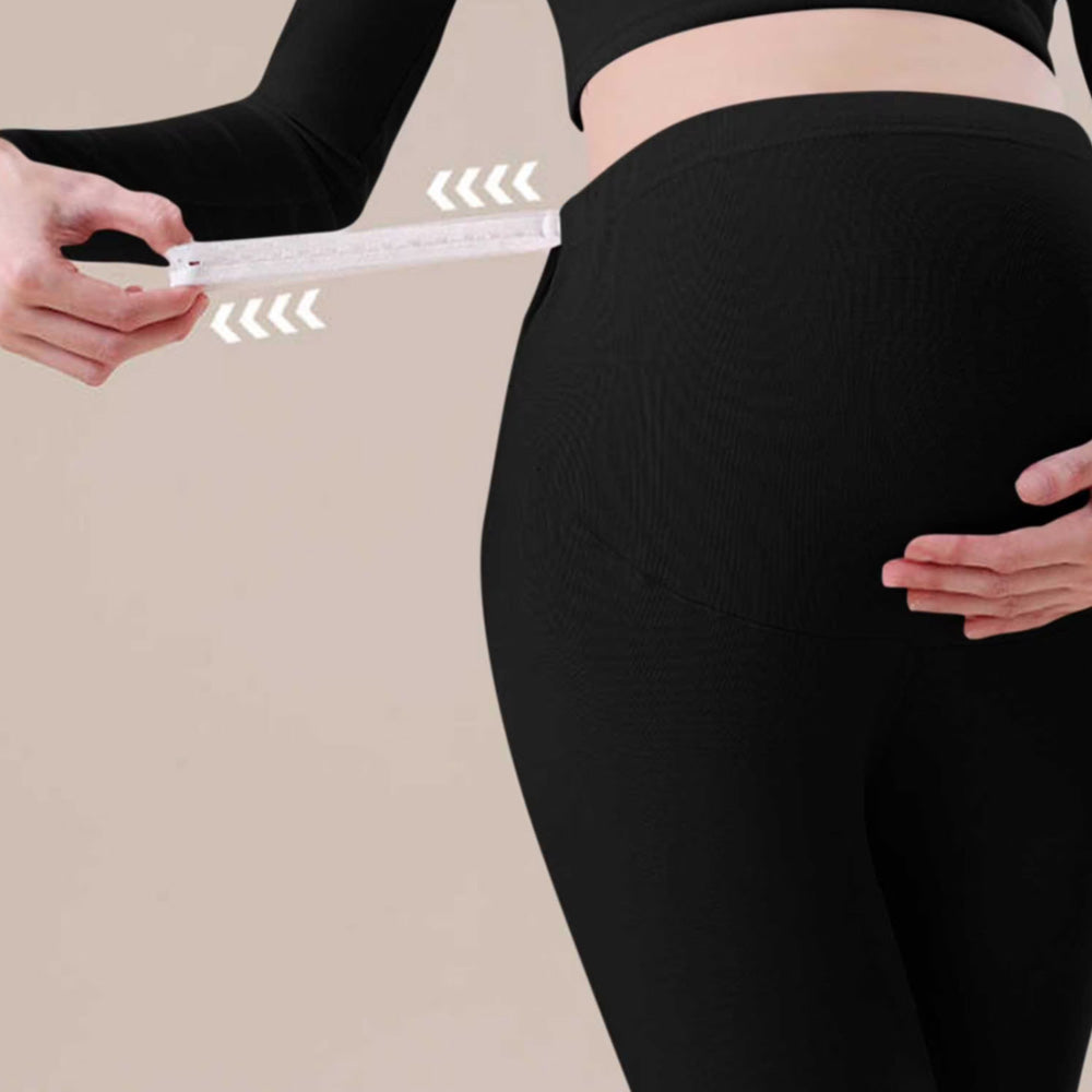 Maternity Leggings Pregnancy High Waist Warm Thermal Pants with Adjustable Belly Band-Black