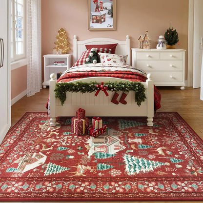 Vintage Christmas Crystal Velvet Area Rug Non-Slip Living Room Floor Mat - Red