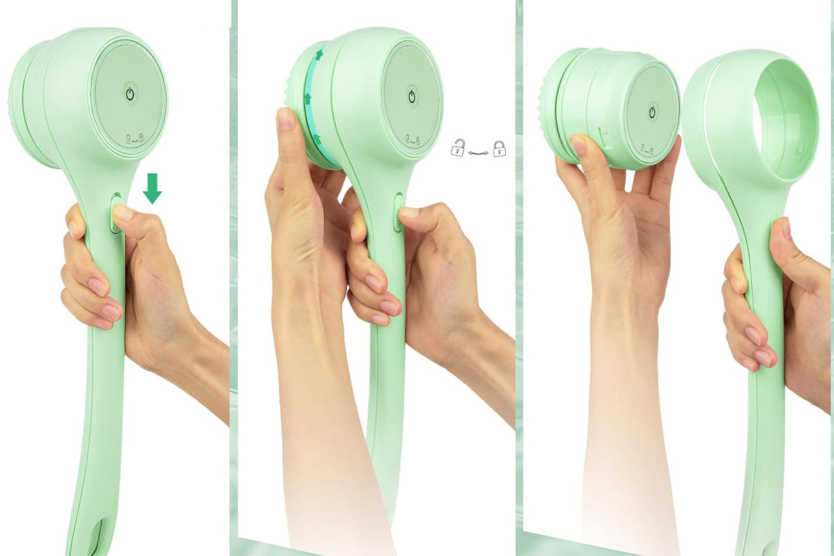 5 in 1 Electric Body Back Scrubber Dual Handle Bath Brush for Shower Exfoliating-Green