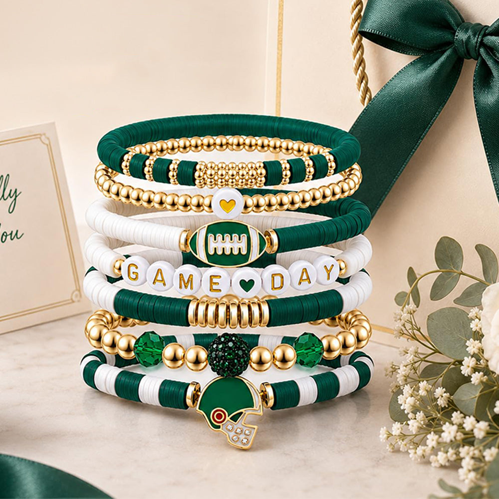 7 Piece Elastic Clay Bead Football Bracelet Stack Set - Green