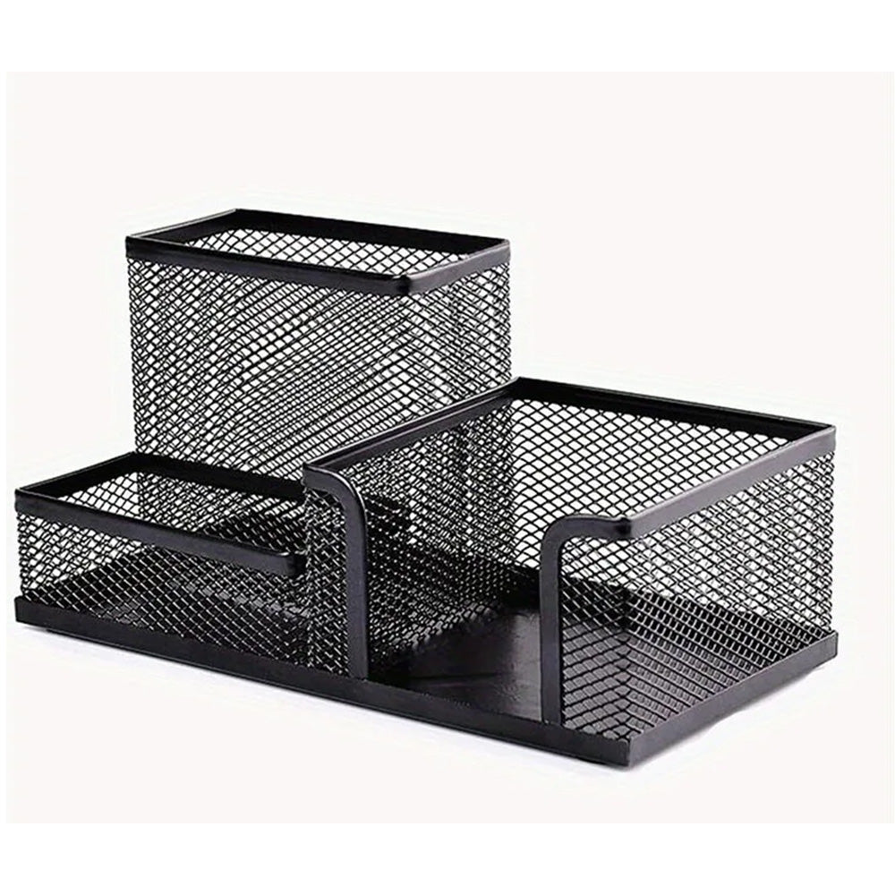 3 Compartment Mesh Pen Holder Desk Organizer Metal Office Supply Storage for Home School-Black
