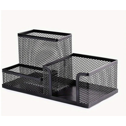 3 Compartment Mesh Pen Holder Desk Organizer Metal Office Supply Storage for Home School-Black