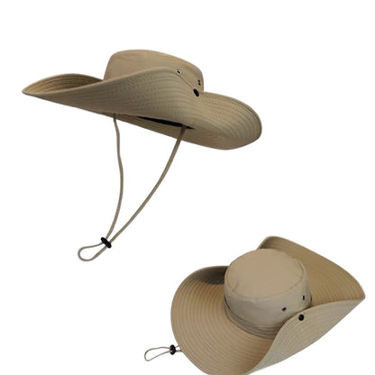 Foldable Wide Brim UV Sun Hat with Wind Strap for Fishing Hiking - Khaki