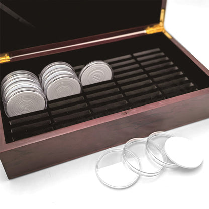 50PCS Coin Capsules Storage Box with Wooden Case Holder Collection Display Organizer