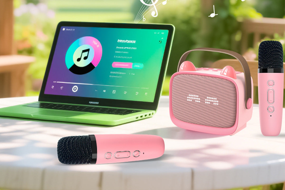 Karaoke Machine Toys Gifts Portable MP3 Player with 2 Wireless Microphone -Pink