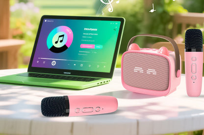 Karaoke Machine Toys Gifts Portable MP3 Player with 2 Wireless Microphone -Pink