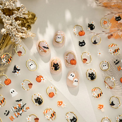 2 Piece Halloween Nail Art Stickers Black Cat Ghost Pumpkin Self-Adhesive