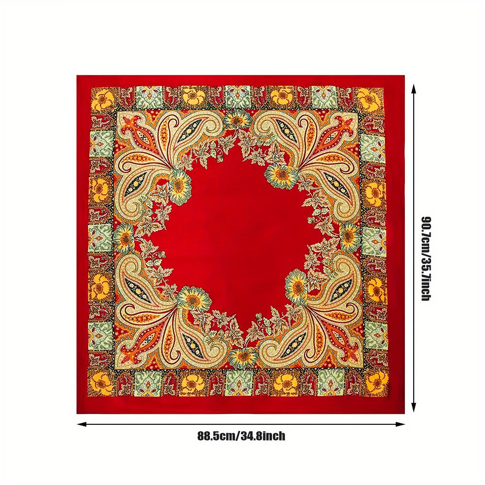 90cm Square Head Scarf Printed Satin Hair Scarf Bandanas for Women-Red