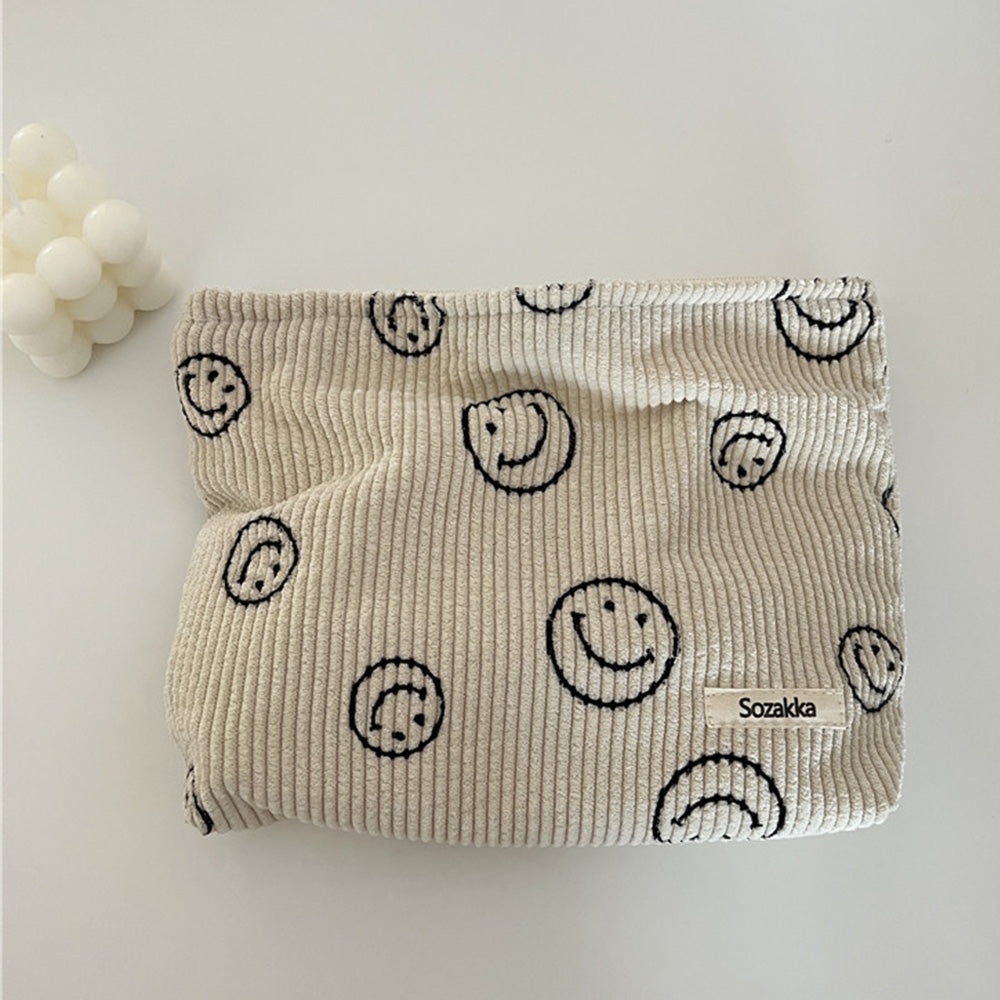 Corduroy Makeup Bag Cute Smile Dots Face Case Handbag with Zipper for Women Beige