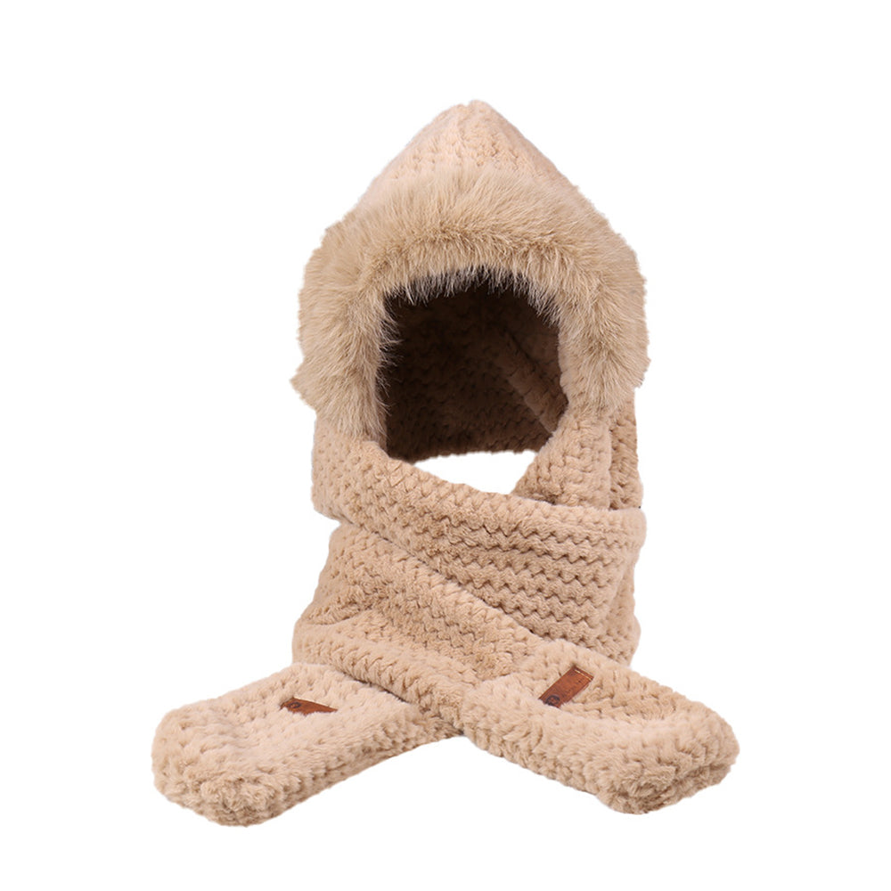 3-in-1 Hooded Scarf Hat Winter Warm Plush Hat with Gloves for Riding