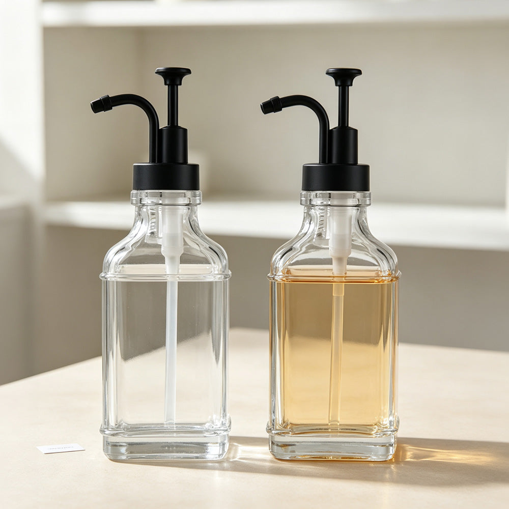 2 Pack 500ml Square Glass Syrup Soap Dispenser Bottles with Funnel - Black