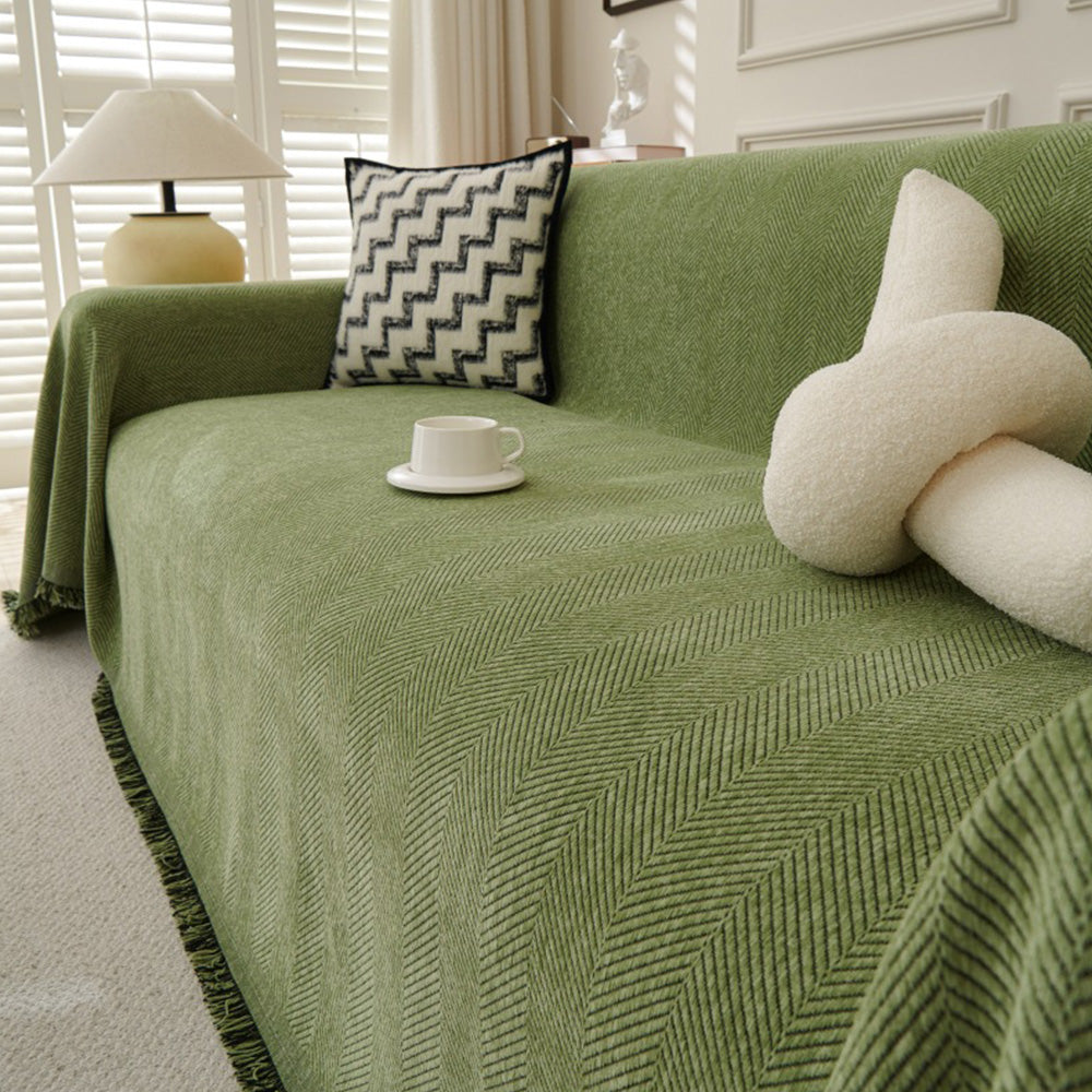 Herringbone Tassel Sofa Throw Cover Large Blanket for Couch Furniture Protector-Green
