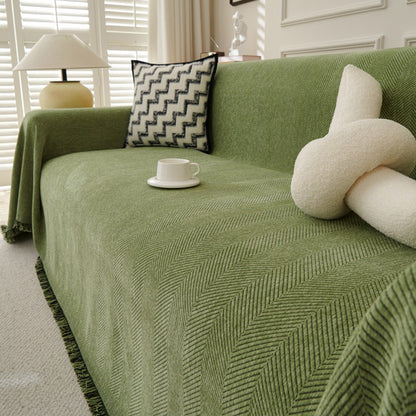 Herringbone Tassel Sofa Throw Cover Large Blanket for Couch Furniture Protector-Green