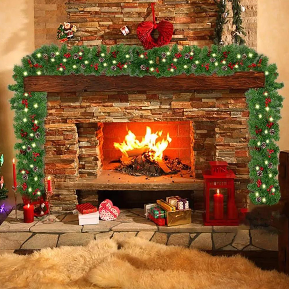 270cm Christmas Garland with Warm White LED Lights for Fireplace Porch & Outdoor Home Decor