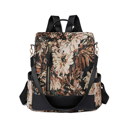 Printed Anti-theft Backpack Multifunctional Large Capacity Travel Bag Brown