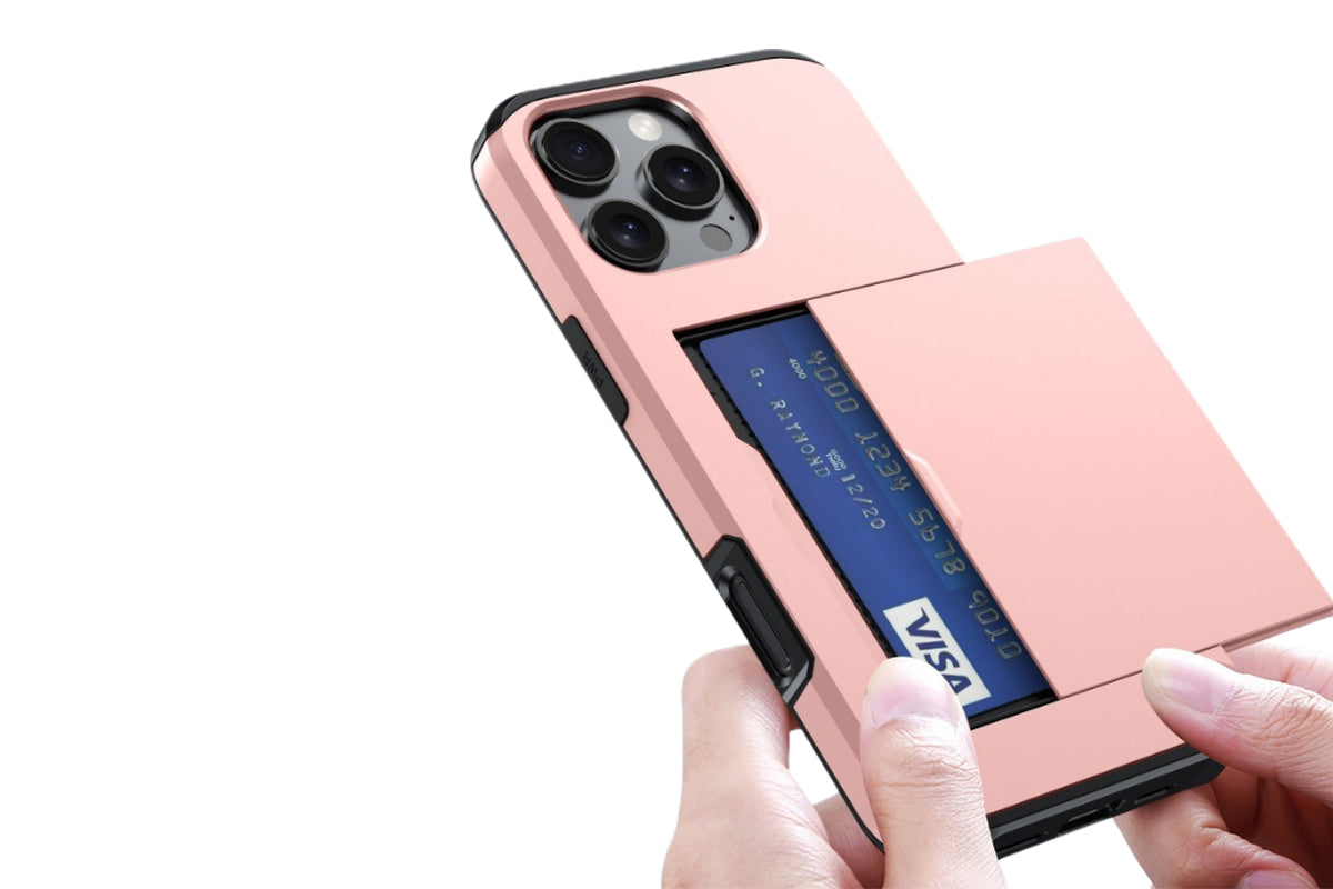 Shockproof Phone Cover Case With Card Holder For Apple iPhone 16 Or 15 Series-Rose Gold