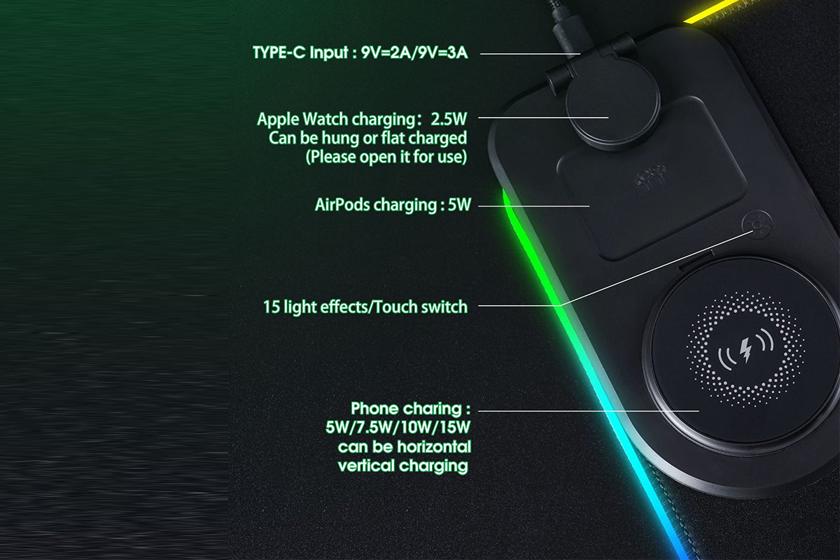 3-in-1 RGB Gaming Mouse Pad Wireless Charging Desk Mat with Foldable Phone Stand