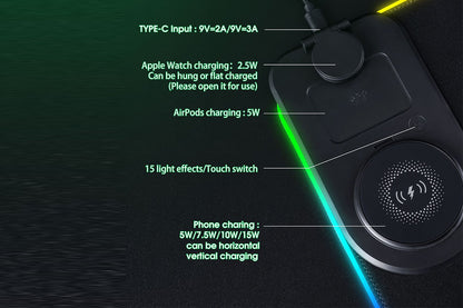 3-in-1 RGB Gaming Mouse Pad Wireless Charging Desk Mat with Foldable Phone Stand