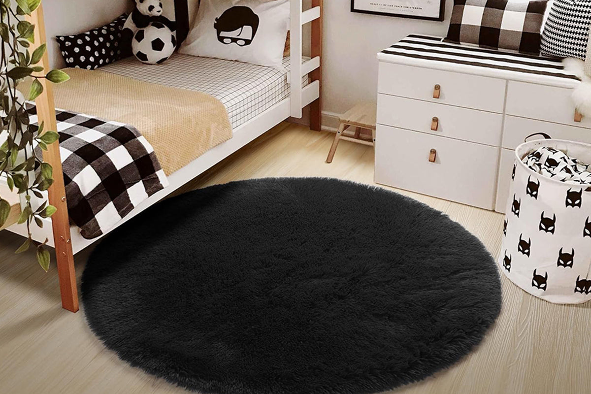 Fluffy Round Plush Area Rug Non Slip Carpet - Black